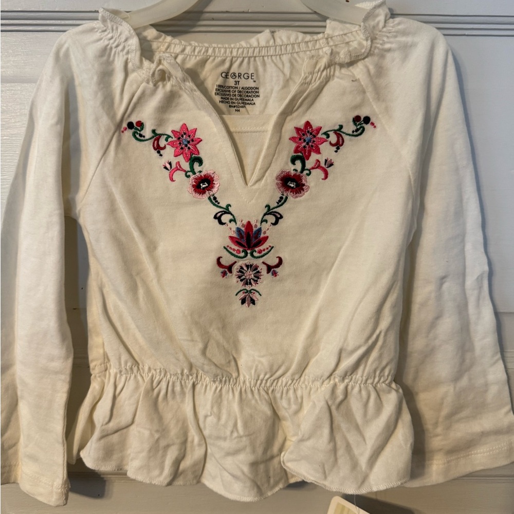 Girls Size 3T Long Sleeve White Embroidered Top